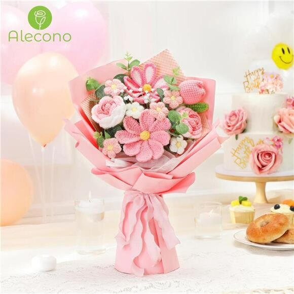 Crochet Flower Bouquet Handmade Pink Knitted Tulips Roses Gifts for Birthday Mot - Picture 6 of 7